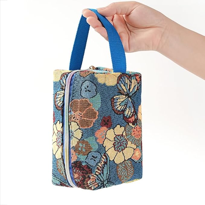 Rectangular Makeup Bag Small Cute Cosmetic Bags for Women，Floral Travel Toiletry Bag for Purse, Canvas Cosmetic Pouch Makeup Organizer Tool Pouch with Zipper（Garden Blue）