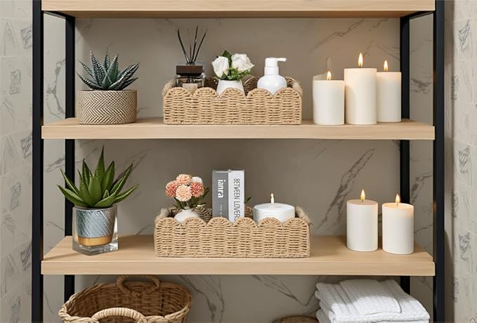 CubesLand Toilet Paper Storage Basket, Scalloped Edge Shelves Basket for Organizing for Over Toilet Tank Storage, Home Decor Baskets for Shelf, Countertop, Living Room, Bedroom, Handwoven, Beige