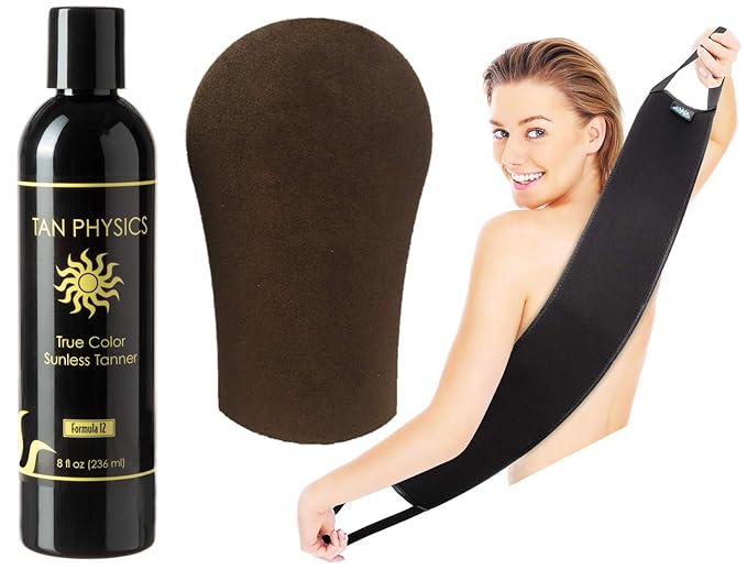 Tan Physics Sunless Tanner 8oz with Tanning Mitt & Back Applicator – Self Tan Lotion – Instant Tanning Lotion for Face & Body – Natural Self Tanner for Streak-Free, Long-Lasting Glow