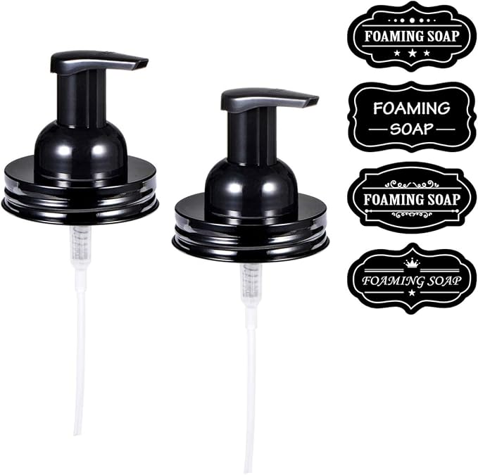 Amolliar Mason Jar Foaming Soap Dispenser Pump, Plastic Foam Soap Pump Rustproof Stainless Steel Lid, Refillable Hand Soap, Waterproof Labels, Cute Farmhouse Decor, Bathroom Accessories, Black 2 Pack