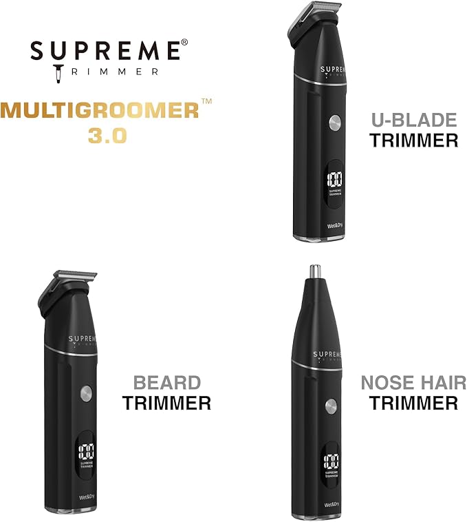 Supreme Trimmer All-in-One Waterproof Multigroomer for Men | Beard, Body, Pubic & Nose Hair Trimmer Kit | No-Nick LCD Grooming Clippers, Rechargeable Full Body Shaver | SMG3030