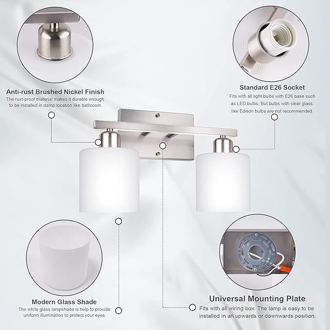 Bathroom Vanity Light Fixture Over Mirror with Brushed Nickel, Modern 2-Light Wall Sconces Lighting for Bedroom,Living Room,Decor White Glass Shades,E26 Standard Base,Bulbs Not Included