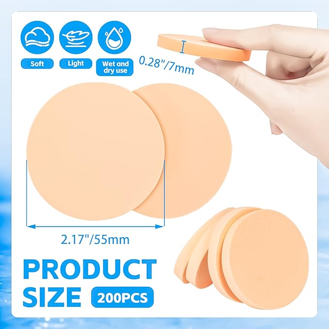 MotBach 200 PCS Round Makeup Sponge, Cosmetic Sponge Round Foam Pad Eye Facial Powder Puff, Nude Beauty Makeup Foundation Powder Blender for Women Lady All Skin Types Wet and Dry Dual Use