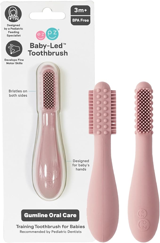ezpz Baby-Led Toothbrush (Blush) - 3 Months + - 100% Silicone Infant Toothbrush with Sensory Bumps - Cleans Gums + New Teeth - Improves Hand-to-Mouth Coordination, Self-Feeding Skills