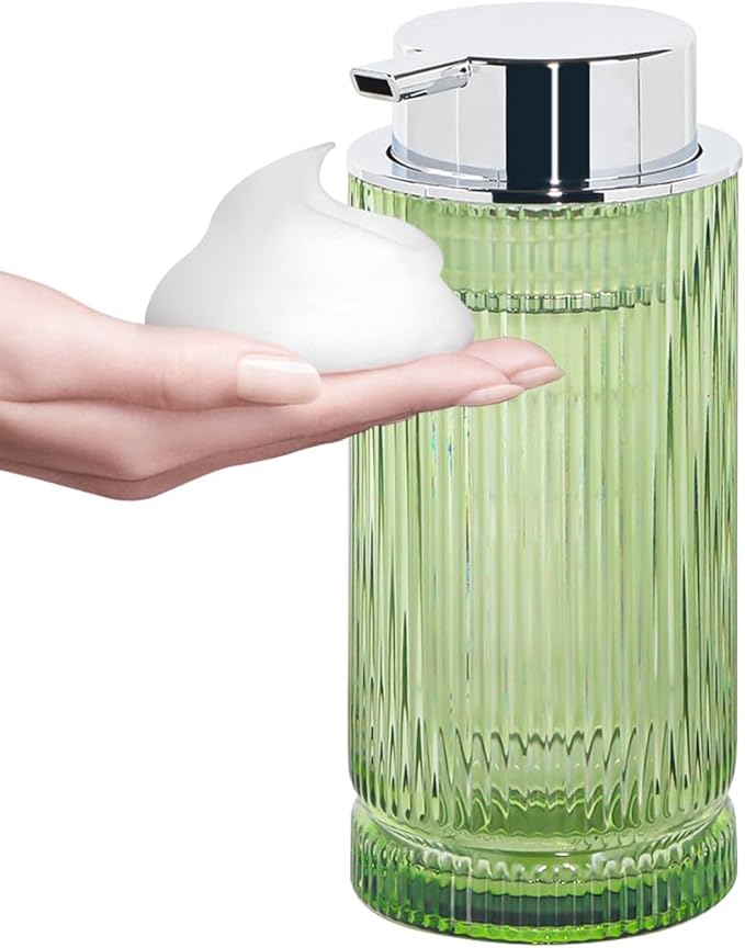 14 Oz Foaming Soap Dispenser, Green Glass Soap Dispenser, Refillable Foam Pump Bottle Lotion Container with Silver Pump, Decorative Slim Ribbed Bottle for Bathroom and Kitchen Decor