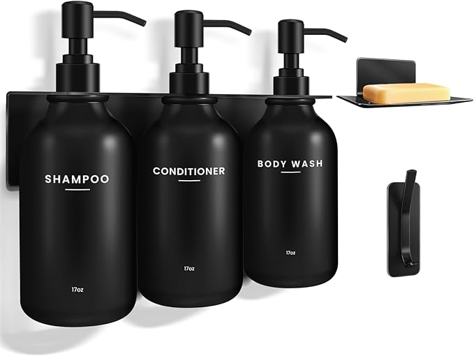 KLL Shampoo and Conditioner Dispenser Set - Wall Mounted Shower Soap Dispenser - 17oz No-Drill Refillable Plastic Pump Bottles for Bathroom - Includes Soap Dish & Hook (Black)