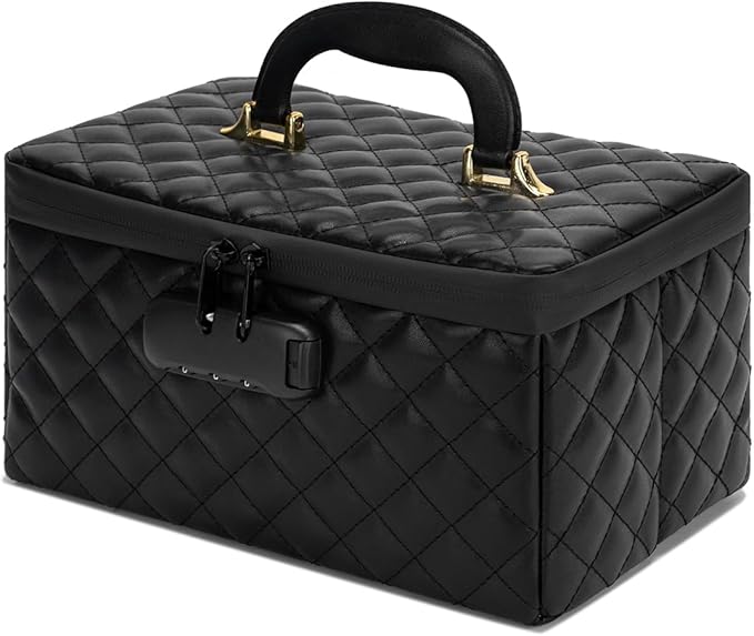 Portable makeup box with Lock, Large Capacity Travel Makeup Case Organizer, Makeup Bags for Girls Traveling With Handle and Divider Makeup Bag (Black)