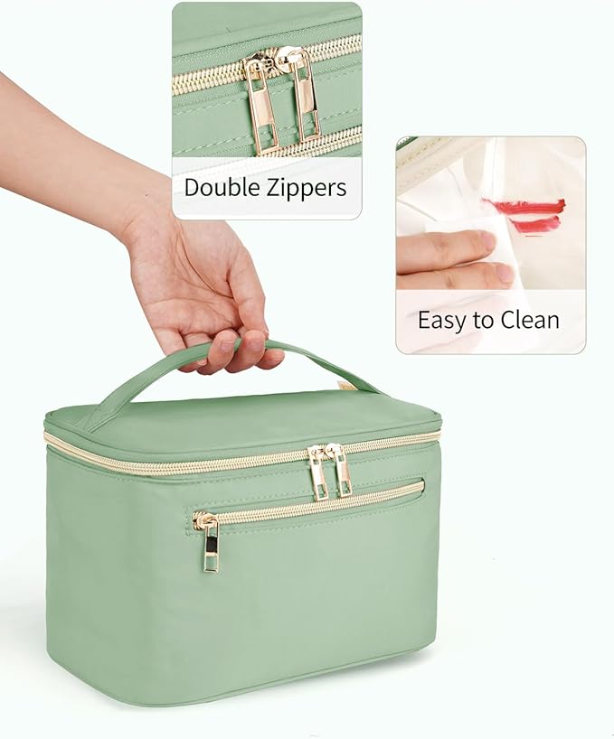 Wandering Nature Large Makeup Bag, Travel Make Up Organizer Cosmetic Brush Bags Case for Women in in Fabric,Sage Green,Patent Pending