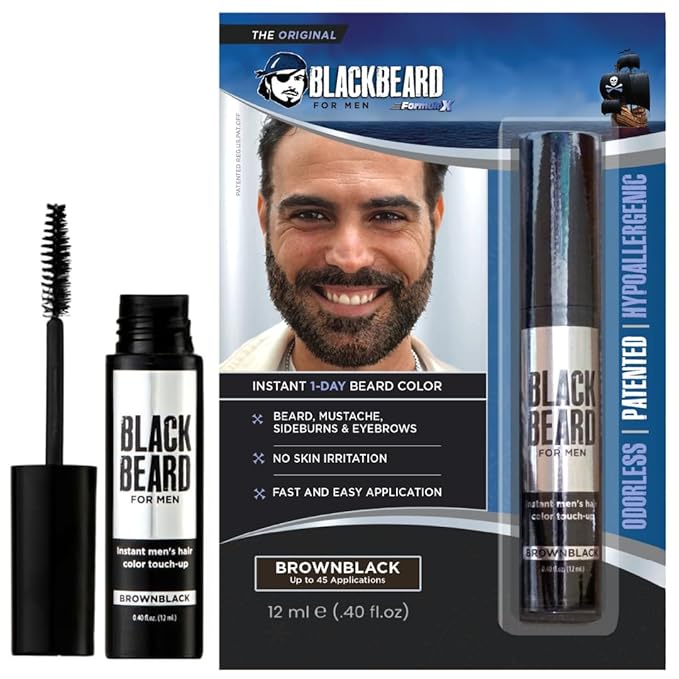 Blackbeard for Men Beard Color – 1-Day Beard, Mustache, Eyebrow, Sideburns Color – Temporary Facial Hair Tint - Hypoallergenic Beard Dye Alternative – Up to 45 applications – Brown/Black 1 Pack