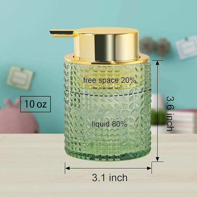Foaming Soap Dispenser, 10 Oz Glass Foam Hand Soap Dispenser with Gold Pump, Refillable Bathroom Lotion Container Pump Bottle with Vintage Pattern, Green