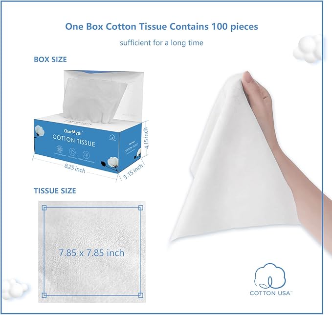 Extra Thick Disposable Face Towel, Disposable Makeup Removing Wipes, 100% USA Cotton and 100% Organic & Cruelty Free, Lint-Free Cotton Tissues for Sensitive Skin 100 Count