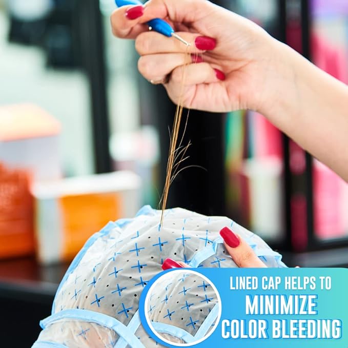Colortrak 48 Disposable Caps with 4 Needles Kit for Tipping, Hair Color and Highlighting, Lined Cap with Neck Protector Minimizes Color Bleeding, Pull-Out Visor Protects Face - Blue