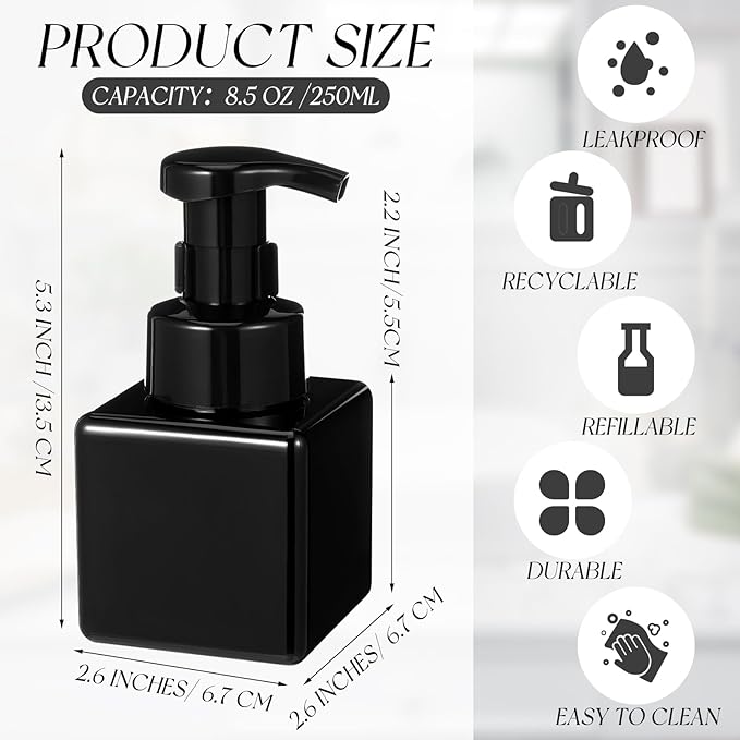 Domensi 12 Pcs Foam Pump Bottle Foaming Soap Dispenser Empty Travel Foaming Dispenser 8.5 oz Refillable Hand Soap Plastic Pump Bottle Travel Clear Container for Bathroom Vanities (Whole Black)