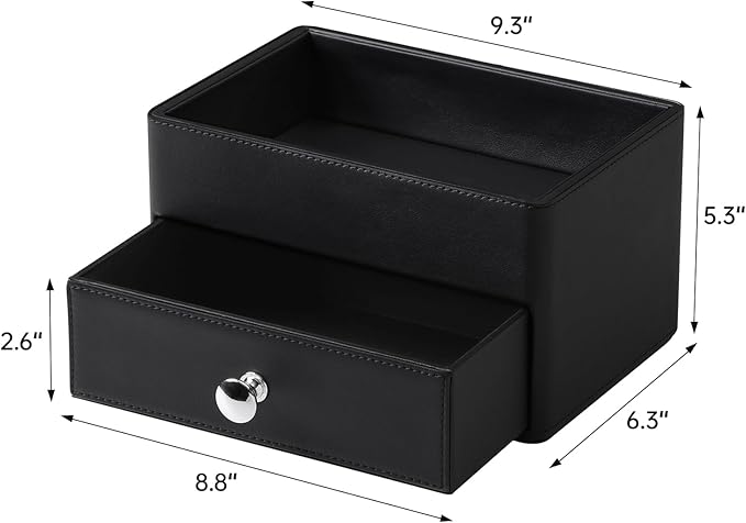 PU Leather Makeup Organizer with Drawer, Waterproof Cosmetic Storage Box, Multifunctional Nightstand Vanity Organizer for Skincare, Perfume, Jewelry, Bathroom Countertop (Black)