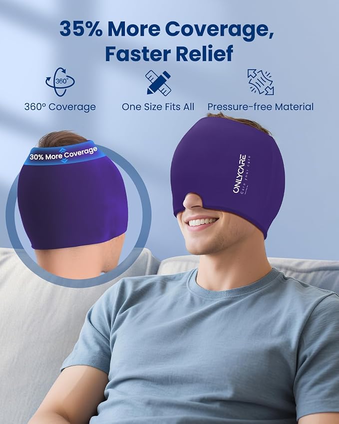 Upgraded Migraine Relief Cap, ONLYCARE Headache Relief Cap, Soothing Migraine Mask, Odorless Gel Ice Head Wrap, Hot & Cold Therapy, Reusable Ice Pack for Tension and Stress Purple