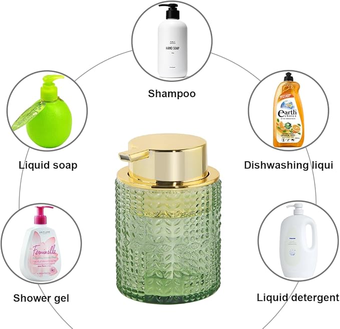 Foaming Soap Dispenser, 10 Oz Glass Foam Hand Soap Dispenser with Gold Pump, Refillable Bathroom Lotion Container Pump Bottle with Vintage Pattern, Green
