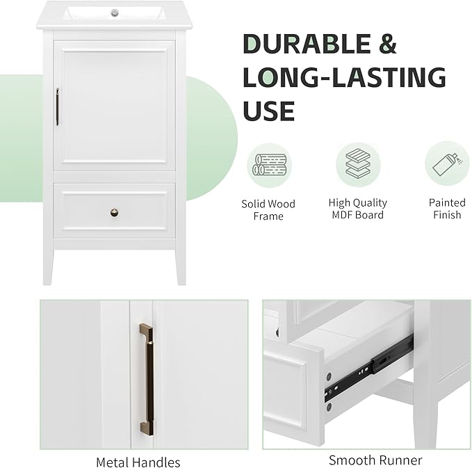 Bellemave 20 Inch Vanity with Sink, Free Standing Bathroom Vanity Cabinet with Soft Closing Door, Storage Rack, Drawer (White)