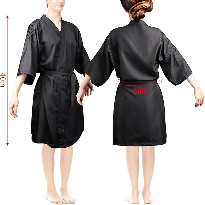 WUWEOT 4 Pack Salon Client Gown Robes Cape, Waterproof Hair Dye Cape, 43 Inch Long Black Soft Kimono Style Barber Smock for Hair Stylist with Adjustable Tie to Hair Cutting, Hair Coloring
