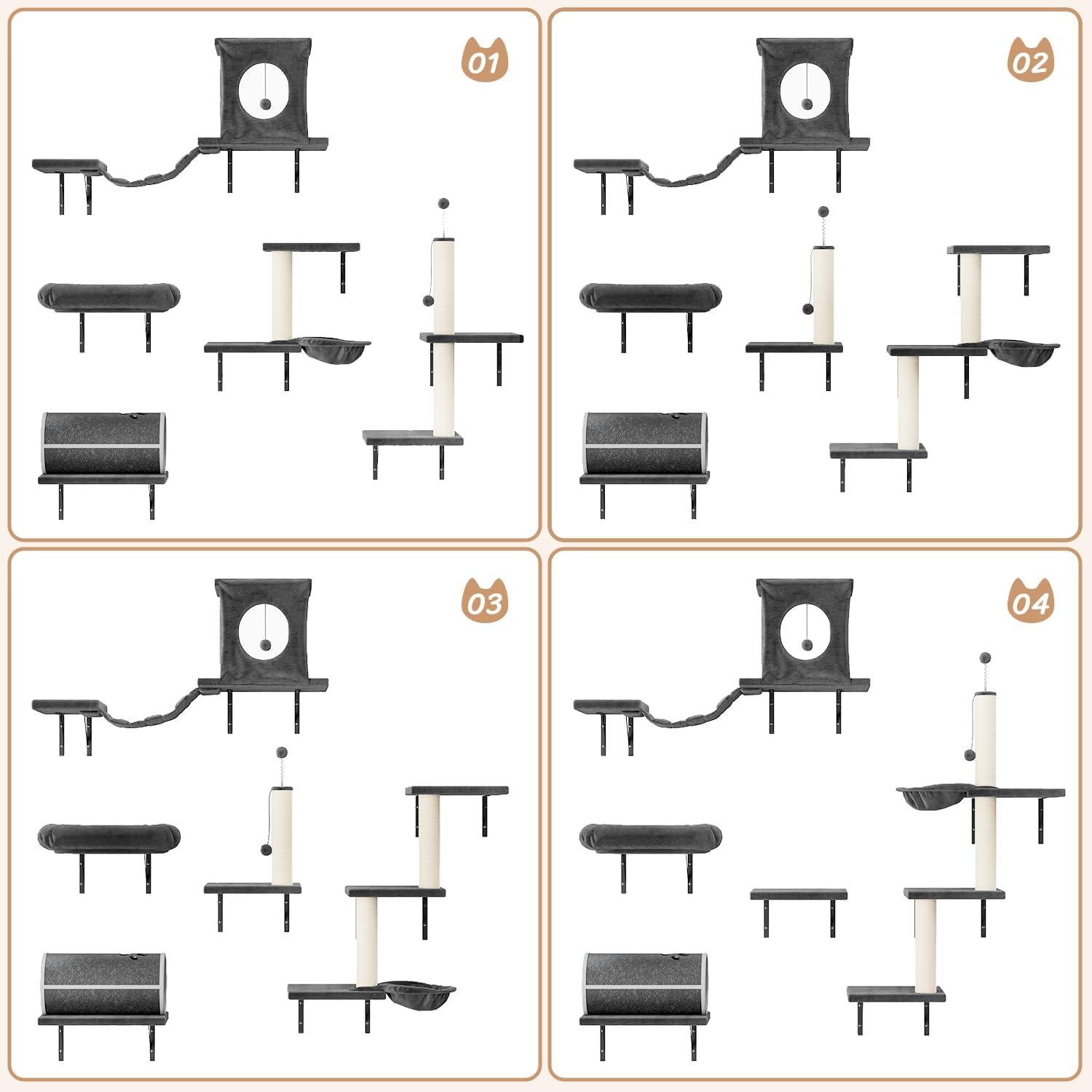 NUNU LAB 7-in-1 Wall Mounted Cat Climber Set, Cat Wall Furniture Set with House, Bridge, Steps, Scratcher Post, DIY Playground, Cat Wall Shelves - Dark Gray