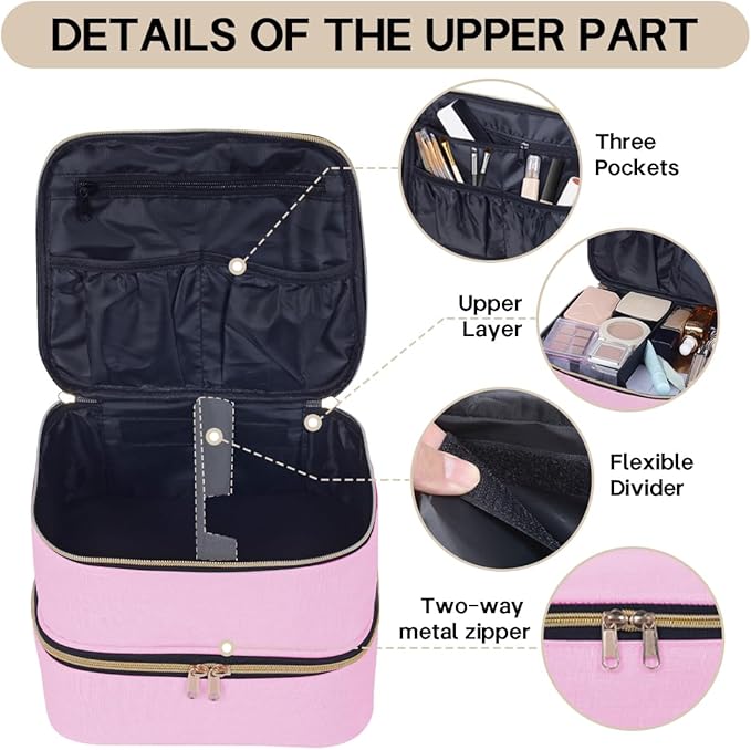 Double Layer Makeup Bag Portable Large Cosmetic Case Organizer with Adjustable Dividers Storage Travel Bag for Accessories Brushes Conditioner and Skin Care Products (Pink Gold)