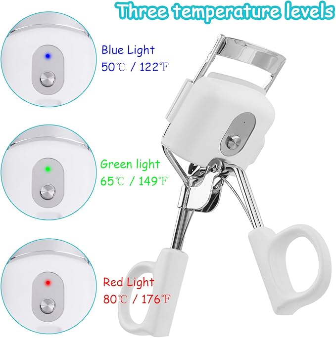 Heated Eyelash Curlers, Metal Version Heated Lash Curler 3 Heating Modes Rechargeable Electric Eyelash Curlers for Quick Natural Curling &Long Lasting(White)