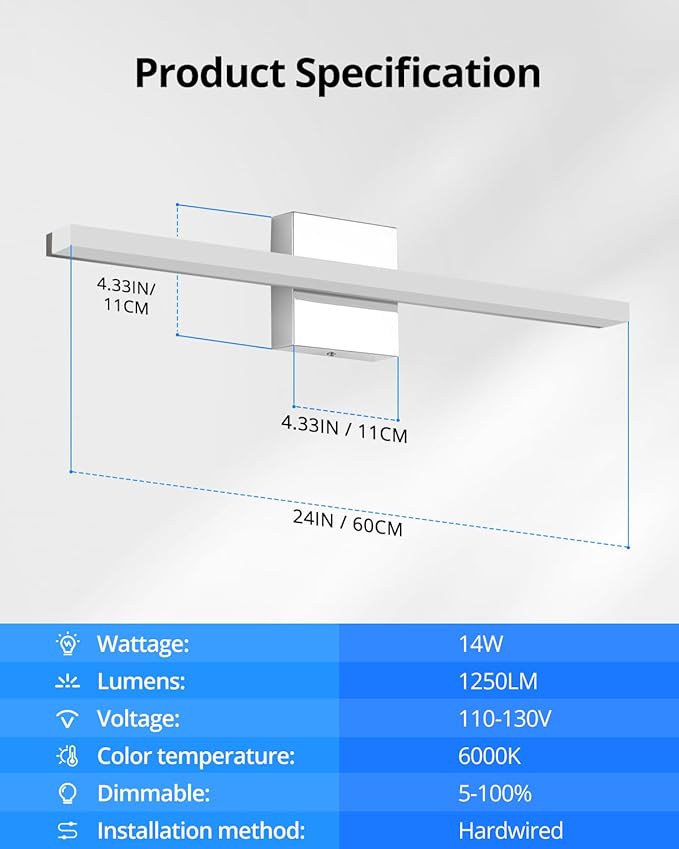 Combuh LED Bathroom Vanity Light Bar Dimmable IP44 Over Mirror Lighting Fixture 24Inch Wall Sconces Indoor 14W Modern Cool White 6000K Chrome