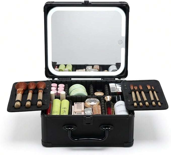 Leeora&Leekoo Makeup Case with Lighted Mirror, Portable Train Case Organizer for Makeup & Beauty Tools, Professional Cosmetic Storage Box (Black)