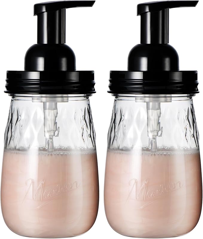 Amolliar 16Oz Foaming Soap Dispenser with Pump Lid, Plastic Refillable Foam Hand Dish Soap Dispenser Set, Clear Diamond Dispenser with Lable for Farmhouse Kitchen Bathroom (2 Pack, Black)