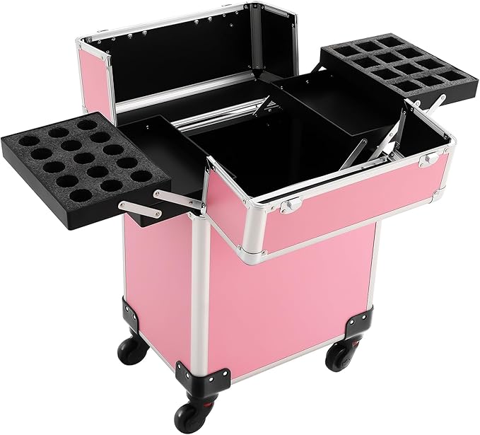 Pink Rolling Makeup Case, Professional Cosmetic Box Storage on Wheels, Large Make Up Train Carrying Cases w/4 Organizer Trays, Cosmetic Case Trolley with Locks for Makeup/Nail Art/Hair Styling