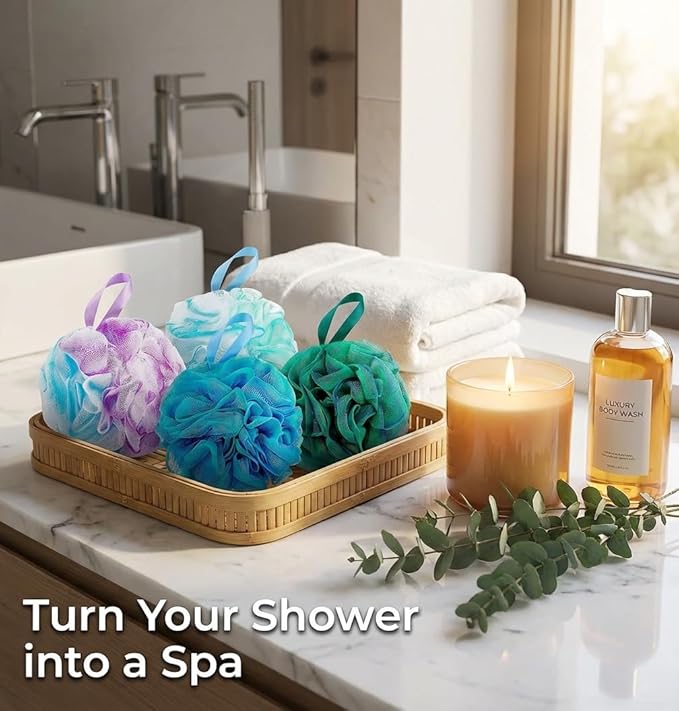 Shower Loofah Sponge Pouf – XL Exfoliating Bath Puff Body Scrubber, Soft Mesh Shower Sponge with Reinforced Knot, Rich Lather, Set of 4 for Women and Men