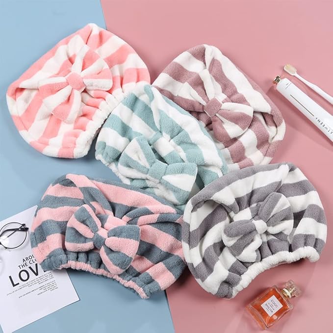 Large Microfiber Hair Towel Cap,Rapid Drying Towel For Hair,Ultra Soft Super Absorbent Hair Drying Towel Turban,Cute Gray&Pink Bow Hair Towel Wrap,Hair Drying Towels For Women Fast Dry(2pack)