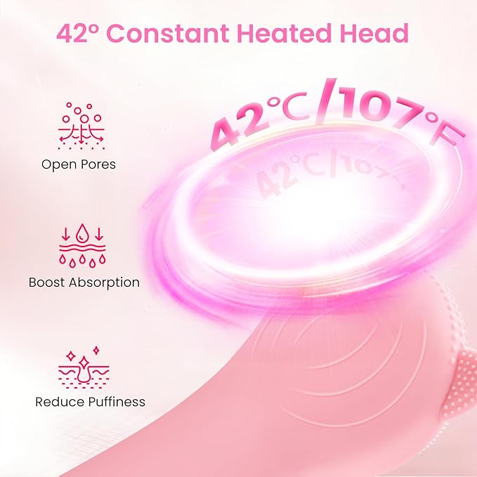 Face Scrubber Facial Cleansing Brush - Portable Silicone Waterproof Rechargeable Electric Exfoliator Scrubber with Heated, 7 Colors LED Light Therapy, Makeup Remover Cleansing and Massaging (Pink)
