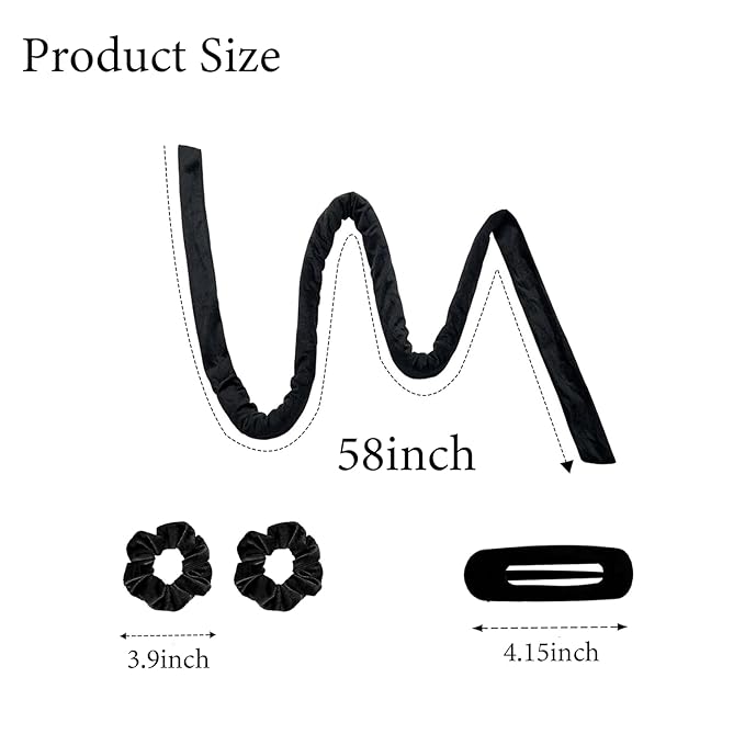 Heatless Curling Rod Set, 58inch Hair Curler Headband for Overnight Curls with 2Pcs Scrunchies and 1Pc Clip (Black)