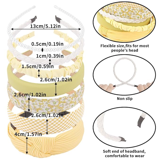 AHONEY 7 Pack Yellow Headbands for Women Girls Headbands Fashion Non Slip Hairbands Cute Hair Accessories Multi-style Headband Pack