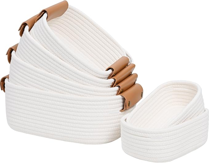 Storage Baskets for Organizing, Small Woven Basket Set of 6-4 Shelf Basket with Leather Handle and 2 Small Gift Baskets, Cotton Rope Basket for Shelves, Nursery, Dog Toy, Bathroom