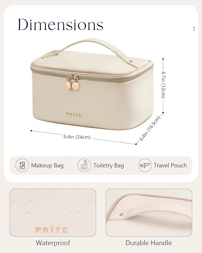 Prite Makeup Bag, Large Capacity Portable Travel Cosmetic Bag, Waterproof Makeup Organizer for Women with Handle and Divider (001 Beige)