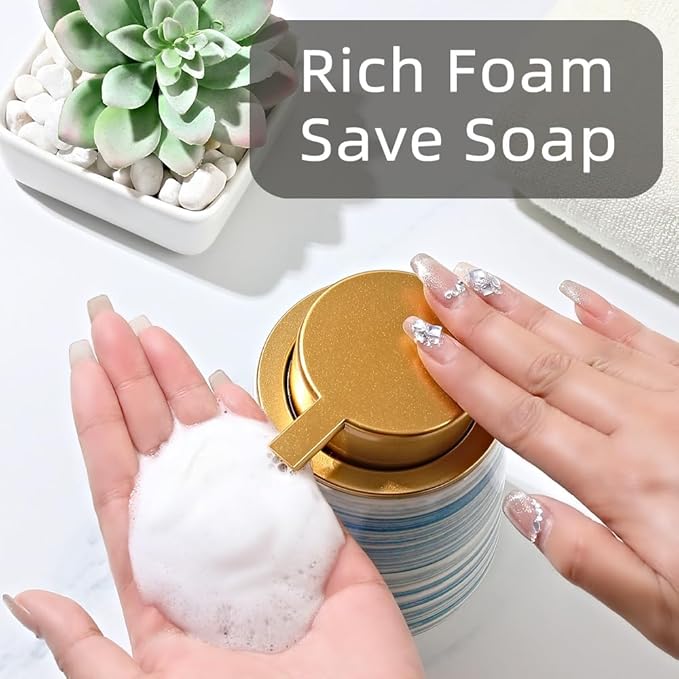 Modern Striped Style Gold Soap Dispenser for Bathroom, Ceramic Hand Soap Dispenser, Easy to Refill Liquid (Blue-Foam Pump)