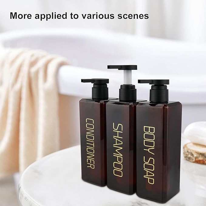 Shampoo and Conditioner Dispenser Shower Soap Bottles 3 Pack 550ml/18.6oz Refillable Shampoo Pump Bottle Dispenser Plastic Empty Body Wash Dispensers with Stylish Permanent Labels for Bathroom (Brown)