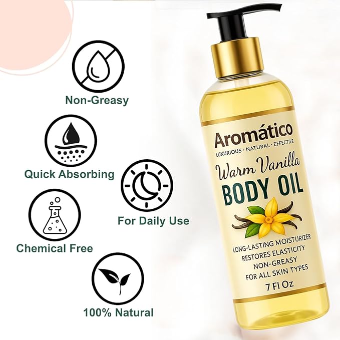 Warm Vanilla Body Oil for Women - 7 fl oz | Moisturizing After Shower Body Oil for Daily Use | Cozy, Creamy Vanilla Scent