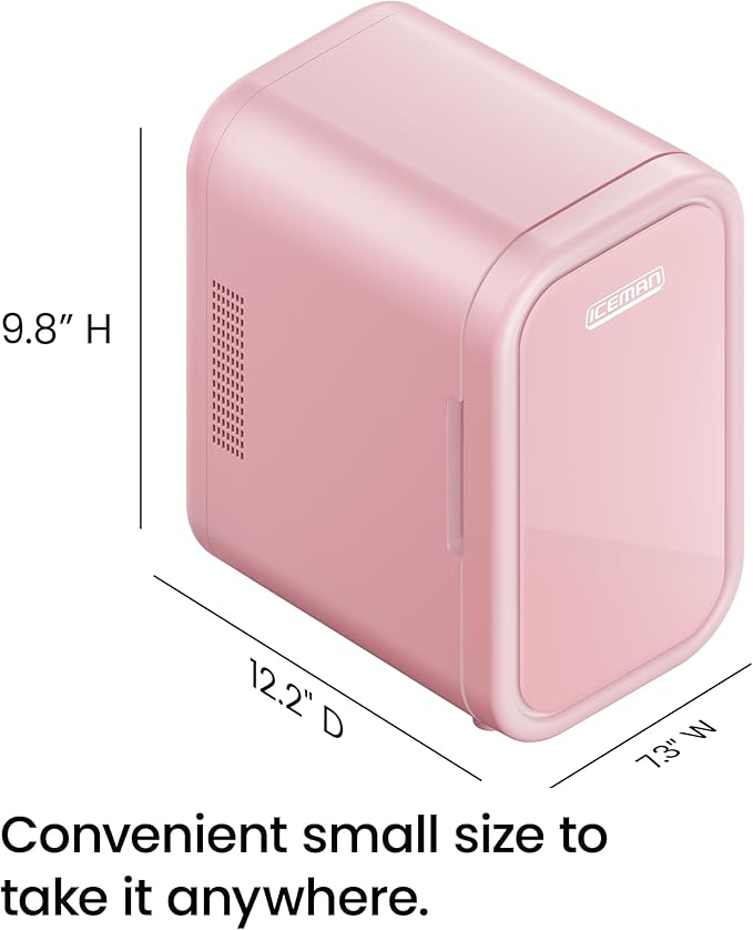 Iceman Portable Mini Fridge – Fits 8 x 12 oz Cans, Cooler and Heater Mini Fridge for Bedroom, Car, Office, Dorm and Skincare, AC/DC Car Plug-Compatible - Pink