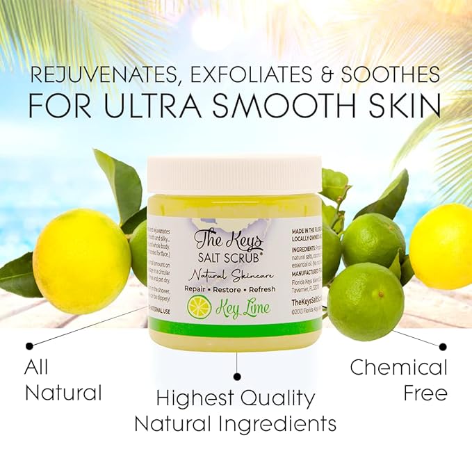 The Keys Salt Scrub -Sea Salt Scrub - Exfoliating Body Scrub with Wooden Spoon - Moisturizing Exfoliator for Hands, Foot, Bath, (3.4 Ounce (Pack of 3), Key Lime)