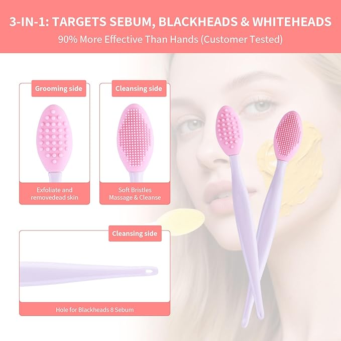 5 Pcs Mini Exfoliating Brush Set - 2 Pcs Silicone Facial Cleansing Brush and 3 Pcs Lip Scrub Brush