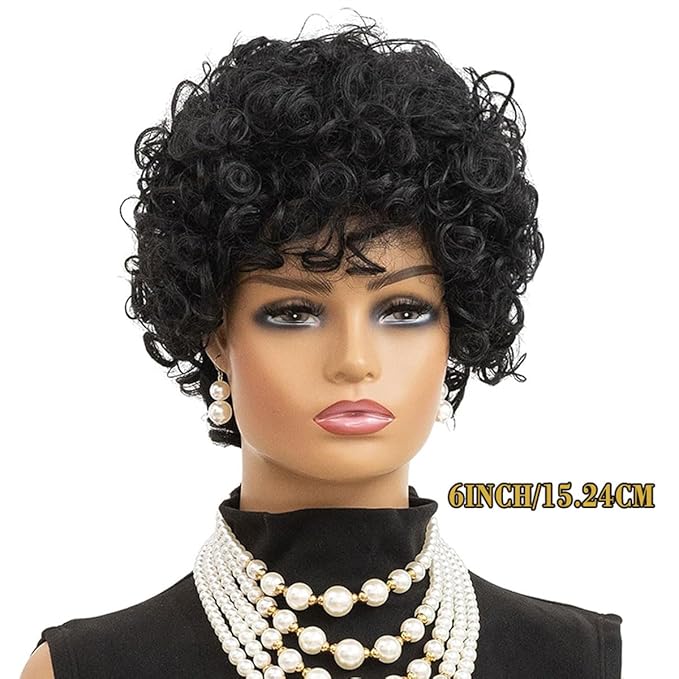 Adette Brazilian Human Hair Wig - 6 Inch Short Curly Style 180% Density for Black Women, Natural Black Color with Bangs
