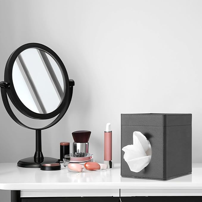 Sumnacon Square Tissue Box Cover with Storage Tray, Decorative Cube Tissue Holder PU Leather Facial Tissues Organizer Stylish Modern Tissue Dispenser for Bathroom Toilet Tank Vanity Dresser Table