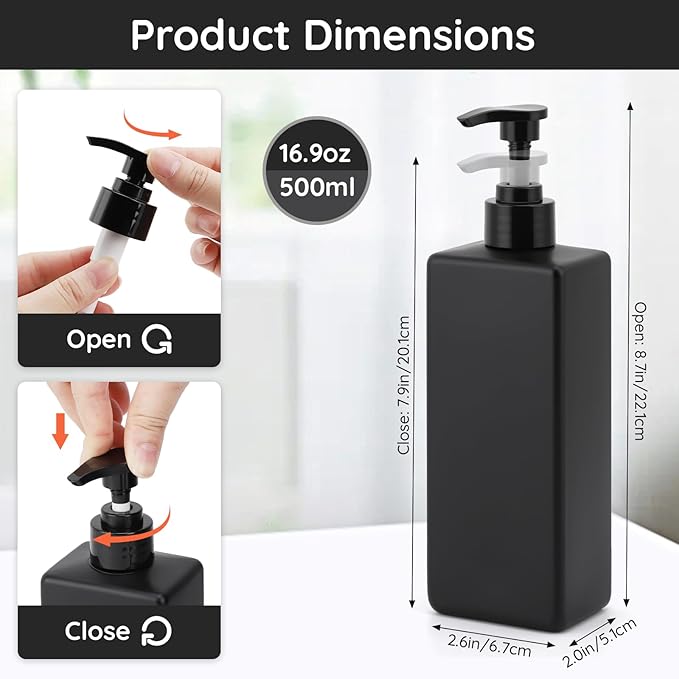Segbeauty Bathroom Soap Dispenser Set, 4 Pack of 16.9oz Shower Bottles Refillable with Labels, 500ml Plastic Square Matte Black Soap Dispenser Empty Pump Bottles for Shampoo Conditioner Body Soap