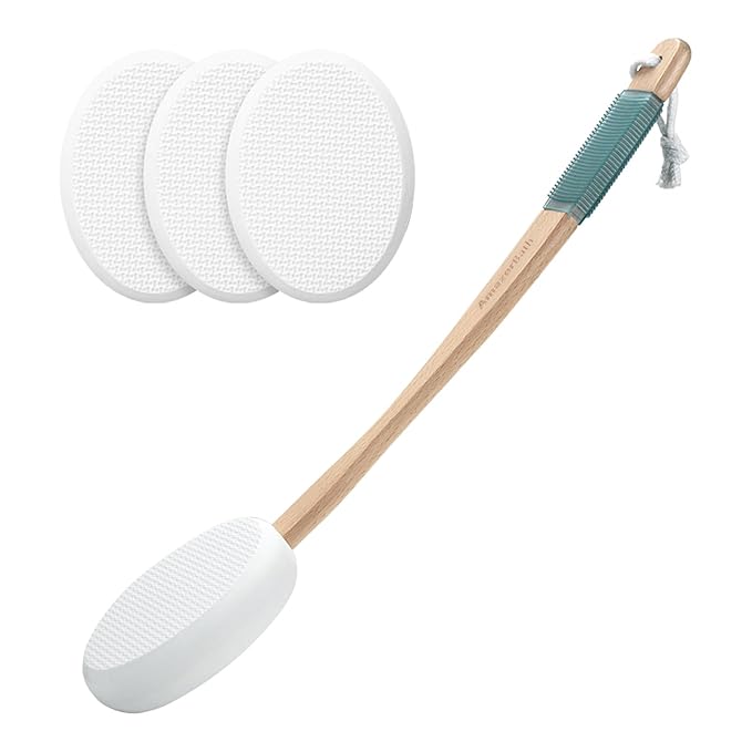 AmazerBath Lotion Applicator for Back, Feet, 4 Replacement Pads with 17" Curved Handle, Back Sunscreen Applicator for Kids, Elderly, Women, Apply Skin Cream Medicine Moisturizer Tanner, White