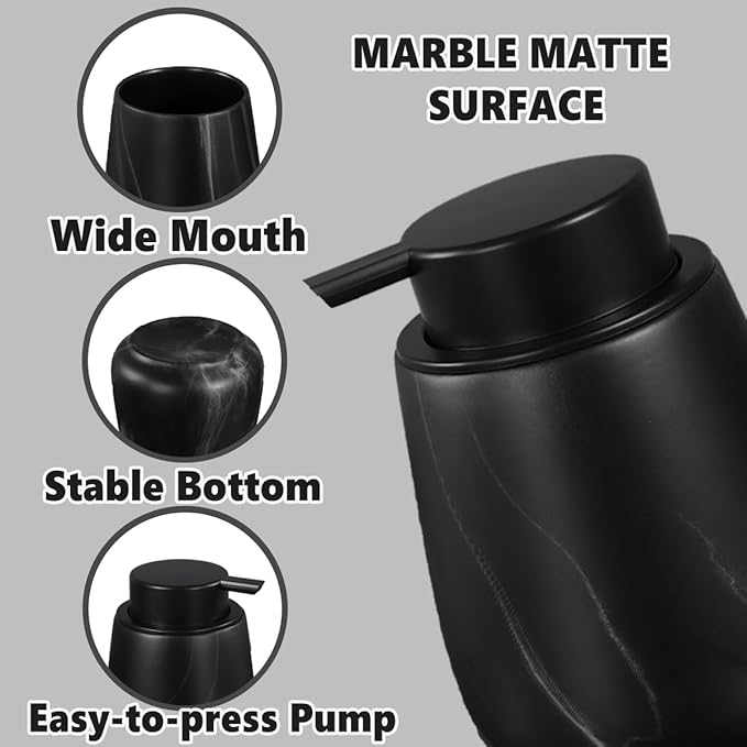 12Oz Ceramic Liquid Soap Dispenser - Modern Lotion Hand Soap Dispenser with Easy-to-Press Black Pump, Reusable and Refillable Dish Soap Dispensers for Bathroom & Kitchen, Marble Black