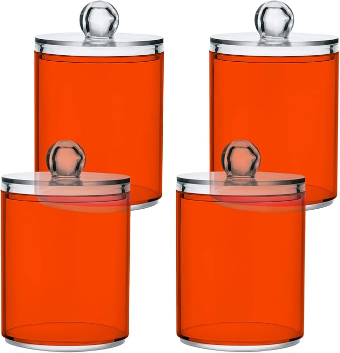 Orange Red Qtip Holder Organizer Dispenser Cotton Swabs Cans Plastic Jars with Lid Set 2 Pack Bathroom Storage Canister for Cotton Ball Floss Cotton Pads
