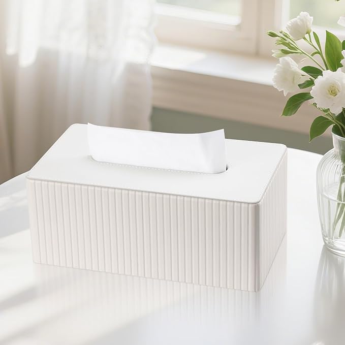 KINGFOM PU Leather Tissue Box Cover Rectangular Tissue Box Holder with Magnetic Bottom, Napkin & Facial Tissue Holder Dispenser for Home, Office for Standard 120-count/160-count (2-Ply) White Stripe