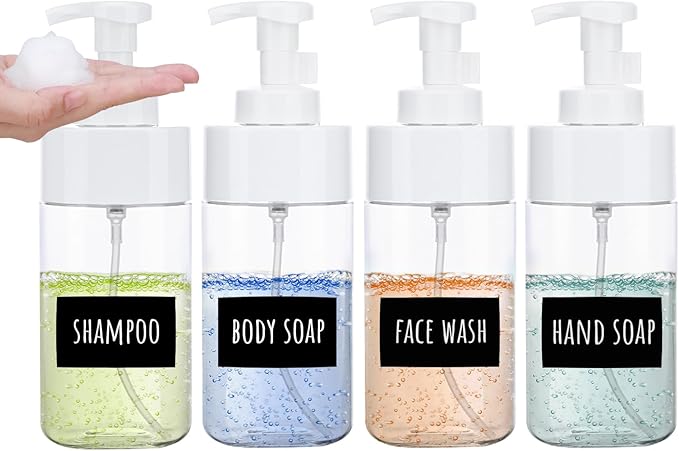Segbeauty Foaming Soap Dispenser, 4 Packs 16.9oz Clear Plastic Foaming Pump Bottle Containers, 500ml Empty Refillable Foam Hand Soap Lotion Dispenser Set with Waterproof Labels for Bathroom Kitchen